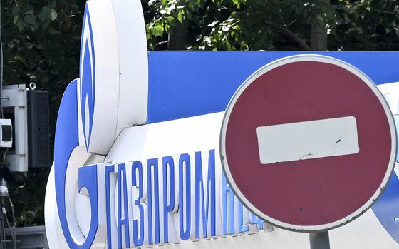 The logo of Russia&apos;s energy giant Gazprom is pictured at one of its petrol stations in Moscow on July 11, 2022. (Kirill Kudryavtsev/AFP/Getty Images/TNS)