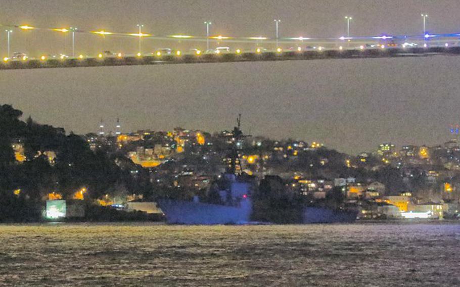The USS Arleigh Burke transits the Bosporus near Istanbul, Turkey, Nov. 25, 2021. The destroyer entered the Black Sea, where the Navy said it will operate alongside NATO allies and partners in the region.