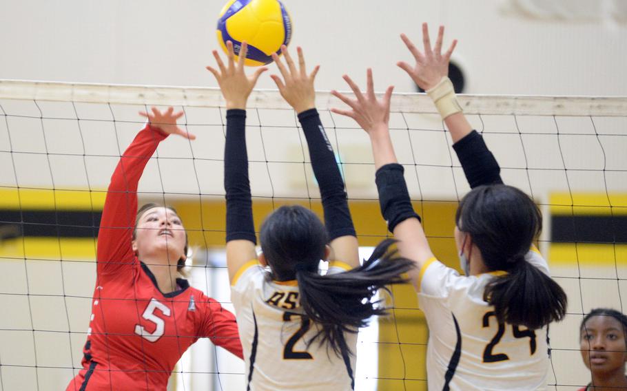 E.J. King's Aileen FitzGerald hits against American School In Japan's junior varsity.