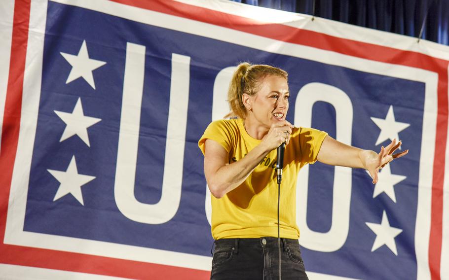 Comedian Iliza Shlesinger headlines a standup show at Yokota Air Base's enlisted club in western Tokyo, Thursday, July 20, 2023.