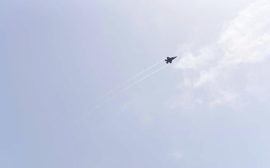 A U.S. Air Force F-16 Fighting Falcon maneuvers above Gwangju Air Base.