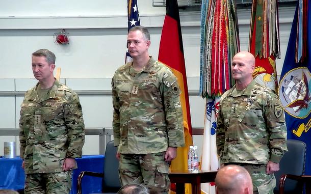 Joint Chiefs Chairman Gen. Dan Caine, from left, incoming leader of U.S. European Command Gen. Alexus Grynkewich and outgoing commander Gen. Christopher Cavoli at the change of command ceremony July 1, 2025, in Stuttgart, Germany.