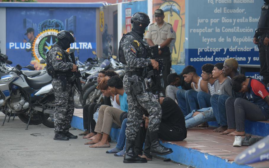 Police present detainees in the case of TC Televisión on Jan. 10, 2024, in Guayaquil, Ecuador. 