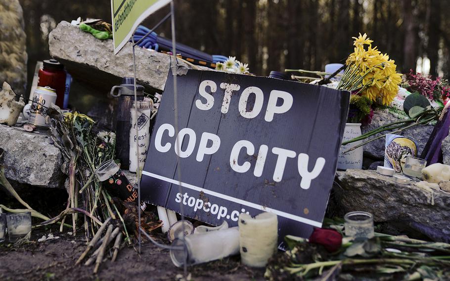 A makeshift memorial is seen on on Feb. 6, 2023, for an environmental activist who was killed while involved in a protest of the so-called “Cop City” near Atlanta, Georgia.