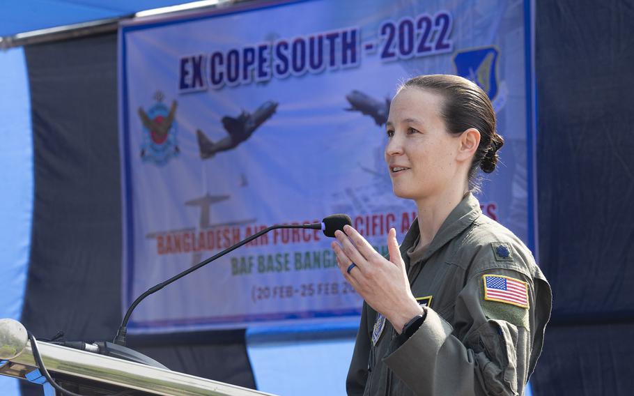  Air Force Lt. Col. Kira Coffey, 36th Expeditionary Airlift Squadron commander, speaks at the opening ceremony for Exercise Cope South 2022 at BAF Base Bangabandhu, Bangladesh, on Feb. 19, 2022. 