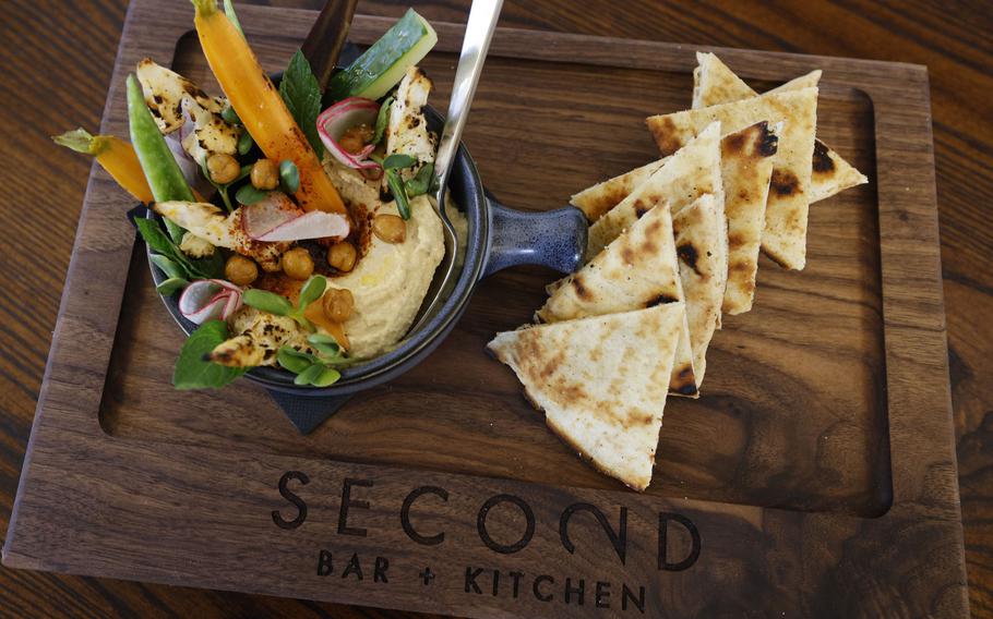 Hummus and Garden Vegetables are on the menu at Second Bar + Kitchen at the renovated Crazy Water Hotel in Mineral Wells, Texas. 