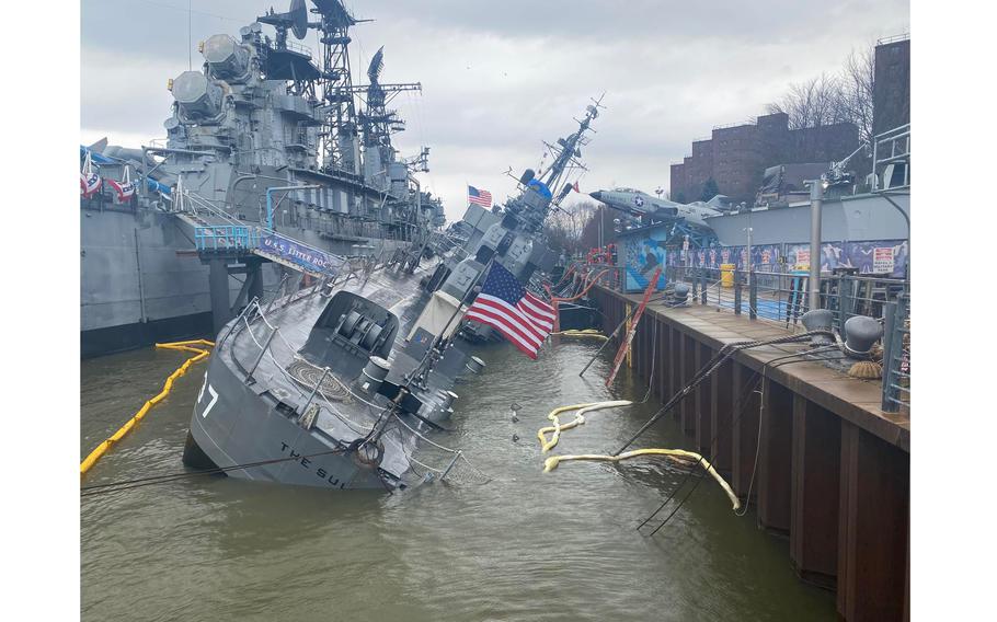 USS The Sullivans was righted in the first week of May, after roughly 600,000 gallons of water were pumped from its hull, the Buffalo sector of the U.S. Coast Guard said.