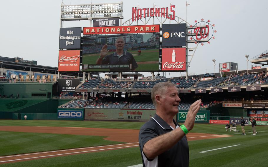 Retired Command Sgt. Maj. Jeff Mellinger, the last active draftee to serve in the Army, called out “play ball” to start the game between the Washington Nationals and Miami Marlins on U.S. Army Day at Nationals Park in Washington, D.C., on Friday, June 16, 2023. 