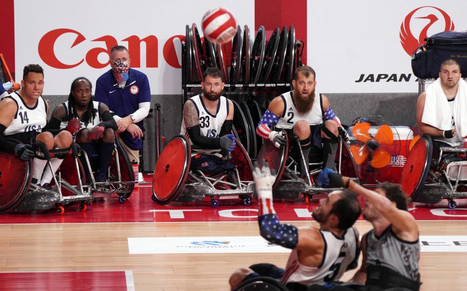 The United States takes on New Zealand in a Paralympics wheelchair rugby match at Yoyogi National Stadium in Tokyo, Wednesday, Aug. 25, 2021.