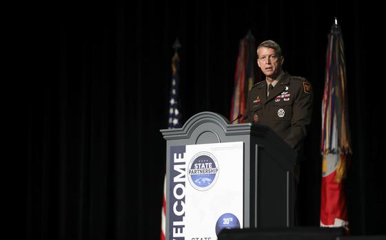 Army Gen. Daniel Hokanson, chief, National Guard Bureau, delivers opening remarks during the 30th Anniversary Conference for the Department of Defense National Guard State Partnership Program at National Harbor, Maryland, July 17, 2023. The SPP pairs Guard elements from every state, territory and the District of Columbia, with partner nations worldwide to build enduring relationships through mutual training exchanges that strengthen security, improve interoperability and enhance readiness of U.S. and partner forces. Established in July 1993, the program began with less than a dozen partnerships and has grown to include 100 countries representing more than 50 percent of the world’s nations.