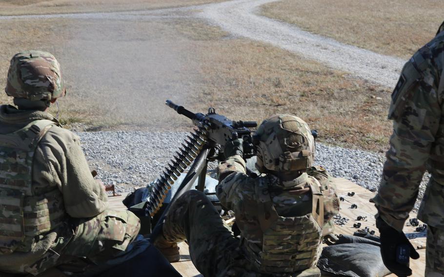 A soldier assigned to the 34th Division Sustainment Brigade, Illinois National Guard, qualifies with the M2 50-caliber machine gun during the unit’s culminating training exercise and associated mobilization and deployment, February 2024 at Fort Knox, Ky. Prior to deploying to the Middle East, the 364th Expeditionary Sustainment Command in February trained alongside the 1st Theater Sustainment Command and 34th Division Sustainment Brigade at 1st TSC’s main command post of Fort Knox.
