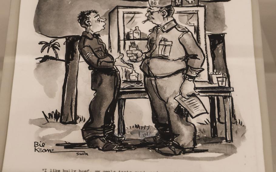 A cartoon by "Family Circus" artist Bil Keane in the Art of Soldiering Gallery at the National Museum of the United States Army. Keane drew for Yank magazine and Stars and Stripes in the 1940s.