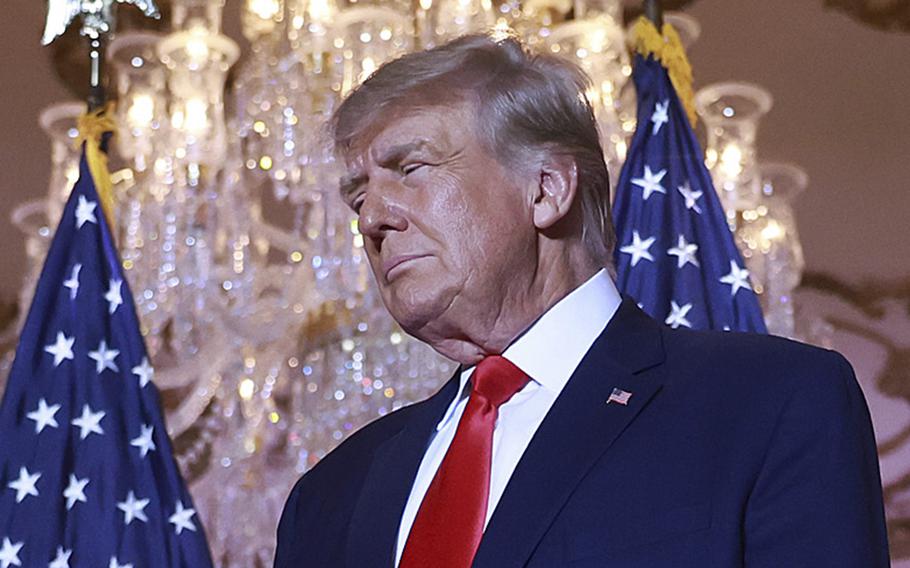 Former President Donald Trump arrives on stage to speak during an event at his Mar-a-Lago home on Nov. 15, 2022, in Palm Beach, Florida. 