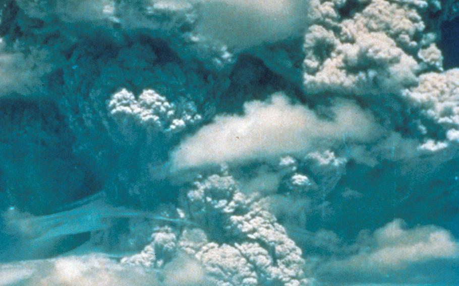 The eruption of Mount Pinatubo as seen from Clark Air Base, Philippines, in June 1991.