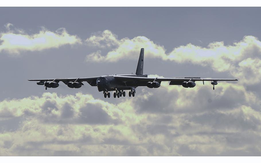 An Air Force B-52 Stratofortress bomber lands at Andersen Air Force Base, Guam, on Jan. 16, 2018. 