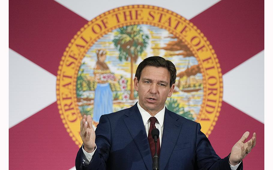 Florida Gov. Ron DeSantis speaks during a briefing in Miami on May 9, 2023. 