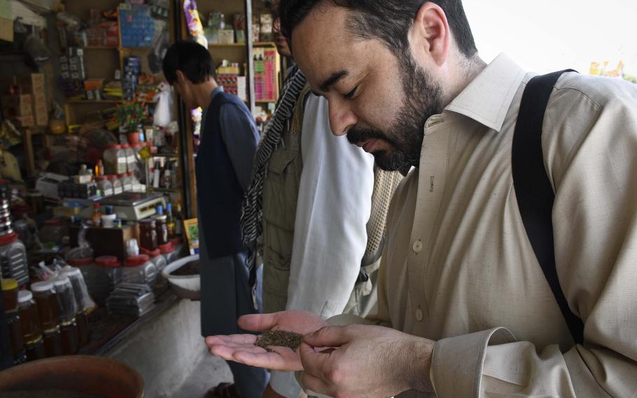 Keith Alaniz, a U.S. Army veteran who co-founded a business in Afghanistan called Rumi Spice, inspects wild cumin in a northeastern province in 2019.