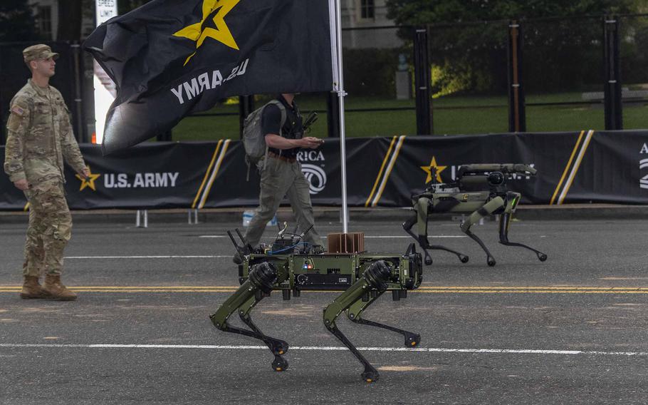 Robot dogs marching.