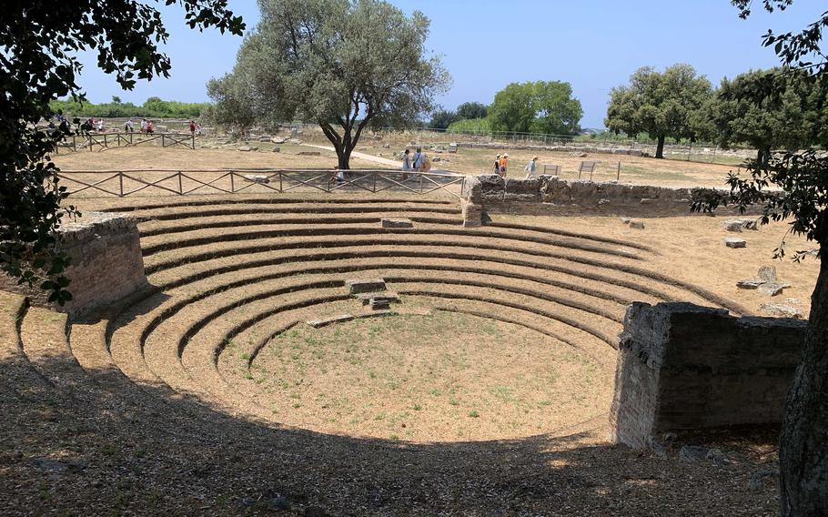 The ruins at Paestum, Italy, include a public meeting place or assembly, a Roman amphitheater, market area and well-preserved walls that surround the city. 