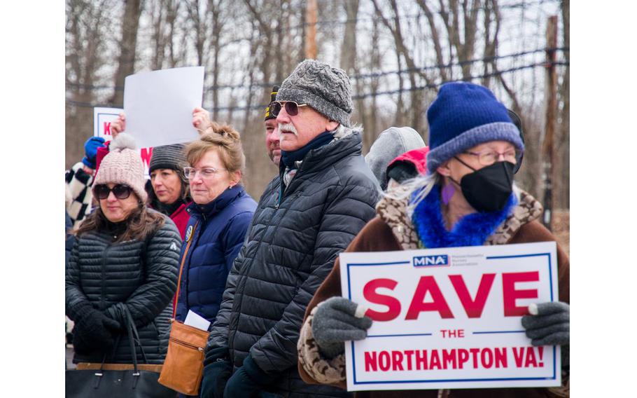 Dozens of elected officials, veterans and nurses turned out to protest the potential closure of a Veterans Affairs hospital in Northampton, Mass., on March 28, 2022. Pictured is Larry Cervelli, who leads the Western Massachusetts Veterans Outreach Project. 