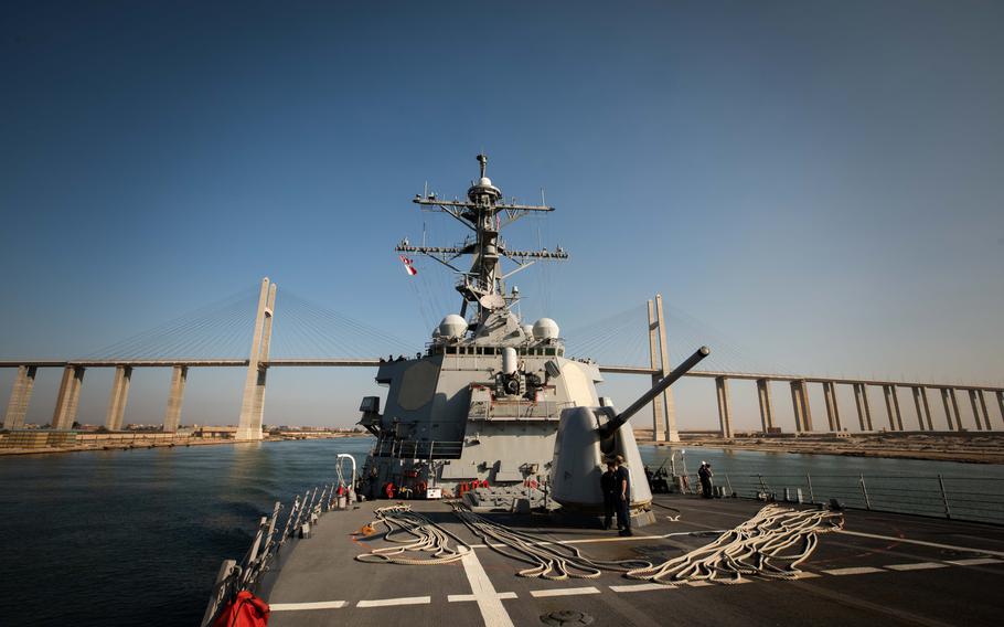 The USS Carney, an Arleigh Burke-class guided-missile destroyer, transits the Suez Canal on Oct. 18, 2023. Carney is deployed to the U.S. 5th Fleet area of operations to help ensure maritime security and stability in the Middle East region. 