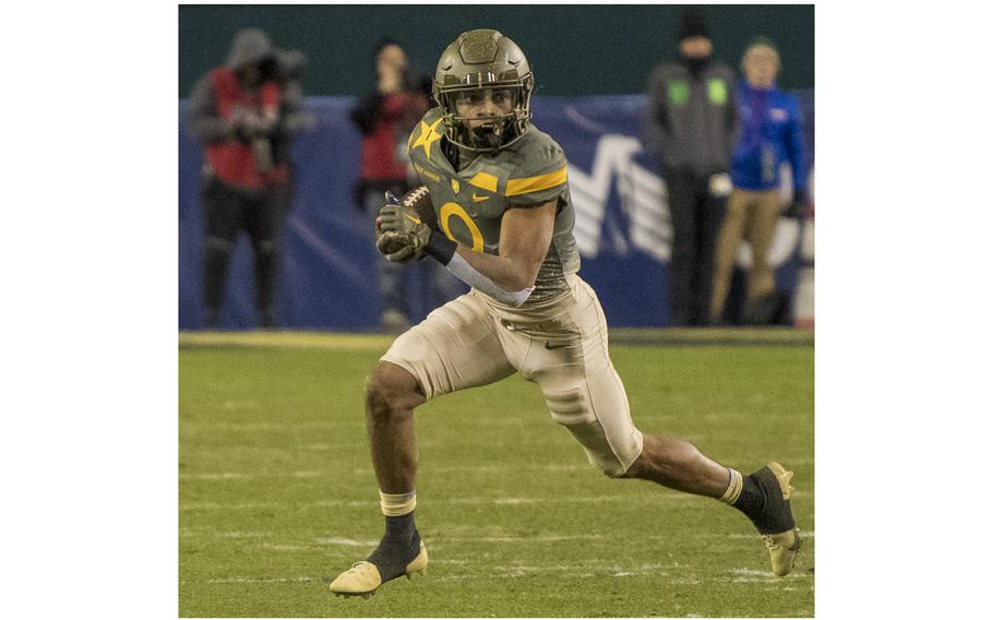 Army running back Braheam Murphy gets some open field to run during the 123rd Army-Navy football game played at at Philadelphia’s Lincoln Financial Field on Saturday, Dec. 10, 2022. Army went on to beat Navy 20-17 in double overtime.