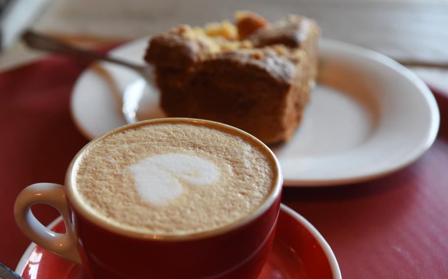 A cappuccino with a milky heart along side a slice of apple cake was a great way to start out the morning earlier this month at Blank Roast coffee shop in Neustadt, Germany. The espresso in the cappuccino was strong and tasty.