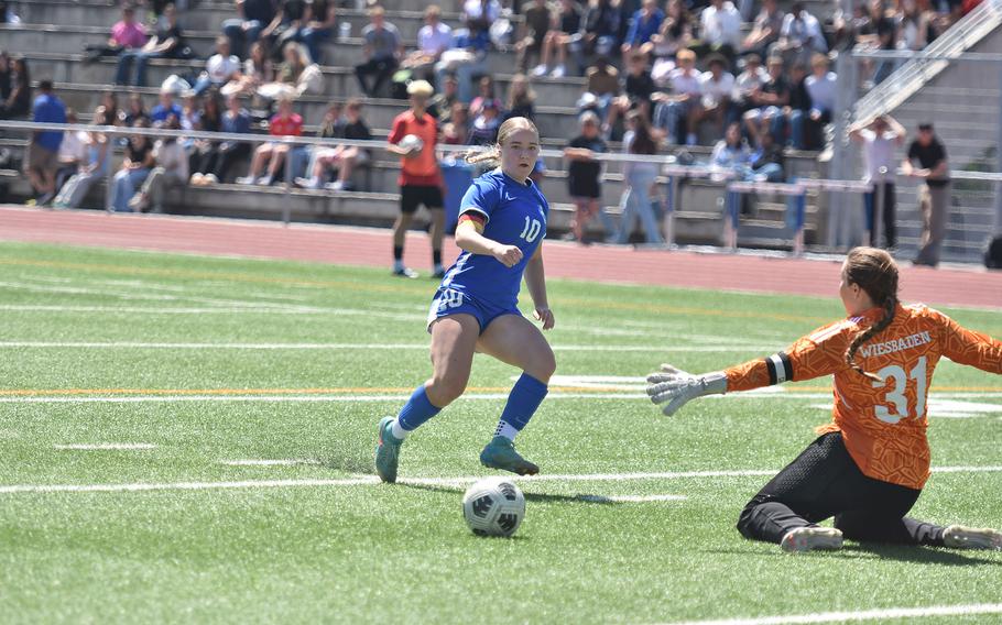 Ramstein's Claire Boynton watches her shot get by Wiesbaden goalkeeper Meghan McConville on Monday, May 19, 2025, at the DODEA-Europe girls soccer championships at Ramstein Air Base, Germany.