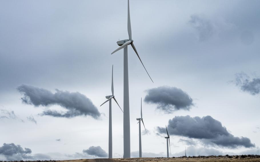 Turbines at the Milner Dam wind farm in Cassia County, Idaho, on April, 21, 2023. 
