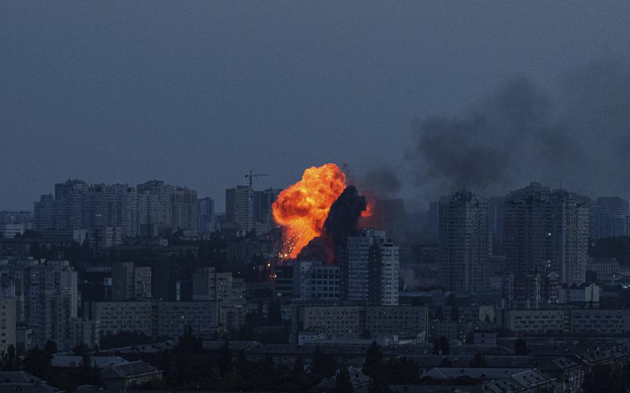 An explosion in the distance in Kyiv, Ukraine