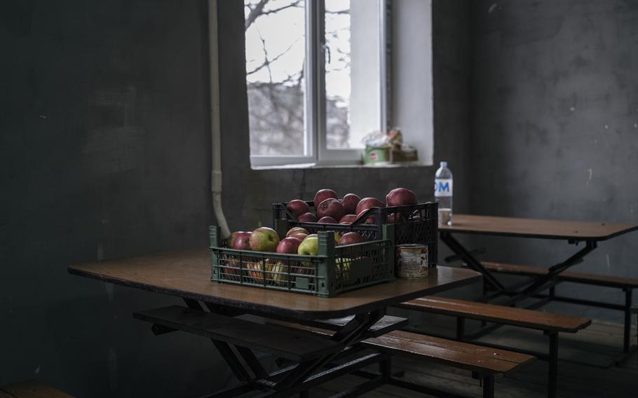 Apples and water at a military base in Chisinau, Moldova, that is housing refugees from Ukraine.