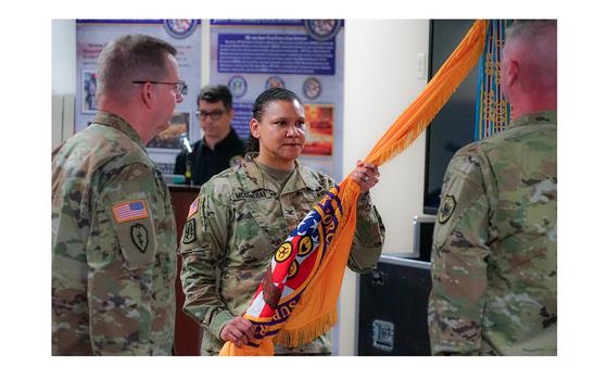 U.S. Army Col. Tanya McGonegal receives the command flag during the change of command of Joint Task Force - Civil Support, on Friday, Feb. 9, 2024, at Ft. Eustis, Virginia.