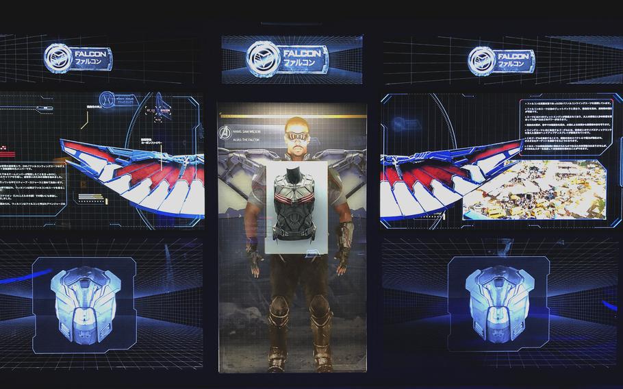 Marvel's Avengers superhero The Falcon in a video display at the Avengers S.T.A.T.I.O.N., a Marvel exhibit located in Tokorozawa, Japan, Oct.11, 2022.