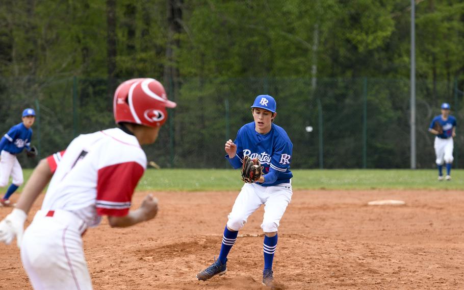 Ramstein’s Liam Delp gathers a ground ball hit by Kaiserslautern’s Philip Stacey before throwing him out during an 8-3 victory on Saturday, April 30, 2022, in Kaiserslautern, Germany.