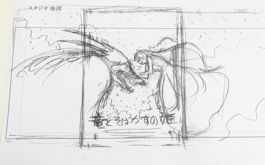 A sketch of the movie poster “Belle” at director Mamoru Hosoda’s studio in Tokyo. The film will make its U.S. debut at the New York Film Festival on Sept. 25. 