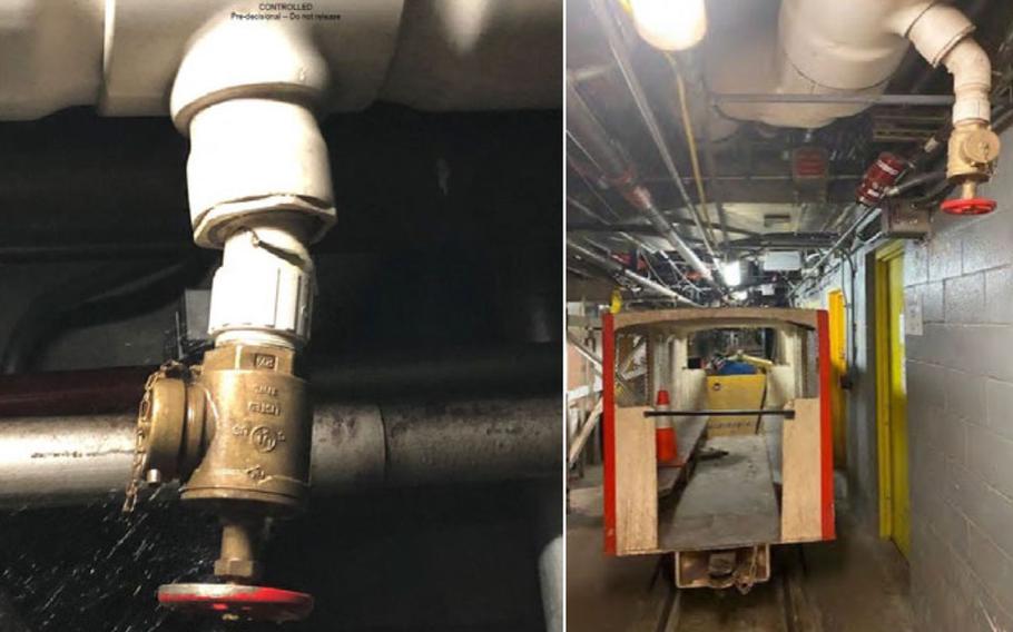 A photo from the Navy’s investigation of fuel spills at the Red Hill storage facility in 2021 shows the cracked pipe, left, that released roughly 20,000 gallons of jet fuel. On the right is the rail cart that damaged the pipe.