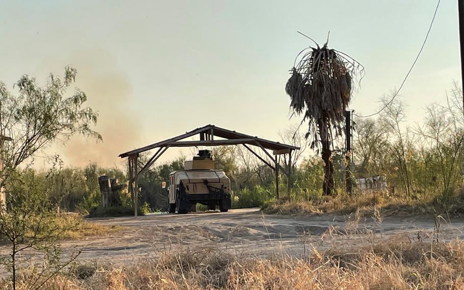 A Texas National Guard observation post on private property in Mission, Texas, is seen near a border wall construction site on Jan. 19, 2022. 