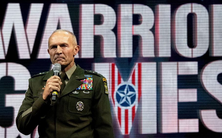 Army Gen. Randy George speaks at the closing ceremony of the Defense Department Warrior Games in Orlando, Fla., in August 2022. George has been nominated to be the Army’s next top officer. If confirmed by the Senate, he would succeed Gen. James McConville, who is retiring.
