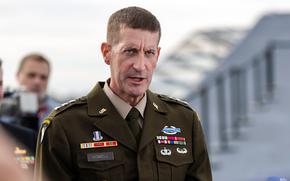 The deputy commander of U.S. Army Pacific, Lt. Gen. Joel Vowell, speaks to reporters during Talisman Sabre’s opening ceremony aboard the HMAS Adelaide in Sydney, July 13, 2025.