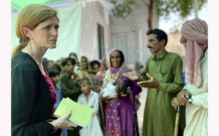 U.S. Agency for International Development administrator Samantha Power spoke to displaced Pakistanis during a visit to Dadu city near the center of Pakistan’s flood zone on Thursday, Sept. 9, 2022.. 