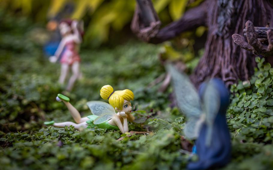 Tinker Bell, nestled in a green forest scene with her fellow Pixie Hollow fairies. There are hidden nods to most every Disney or Pixar animated film from 1937 (“Snow White and the Seven Dwarfs”) to 2021 (“Encanto”) at the Sheegogs’ mini Disneyland in Anaheim, Calif.