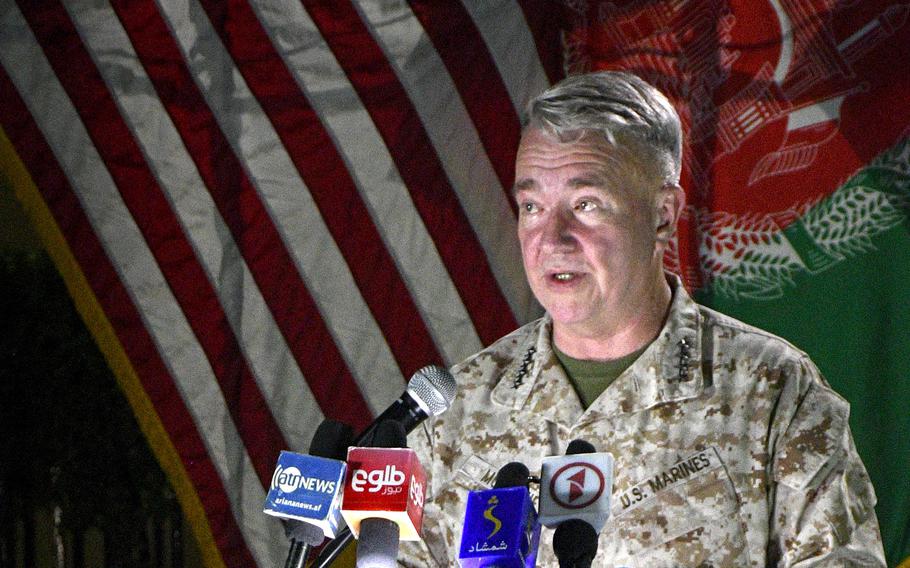 Marine Gen. Frank McKenzie, commander of U.S. Central Command and head of Afghan troops in Afghanistan, speaks to reporters at the former Resolute Support headquarters in Kabul, now called U.S. Embassy South, on July 25, 2021. McKenzie said the U.S. would continue to support the Afghan military with funding and advising after the U.S. formally withdraws from the country.