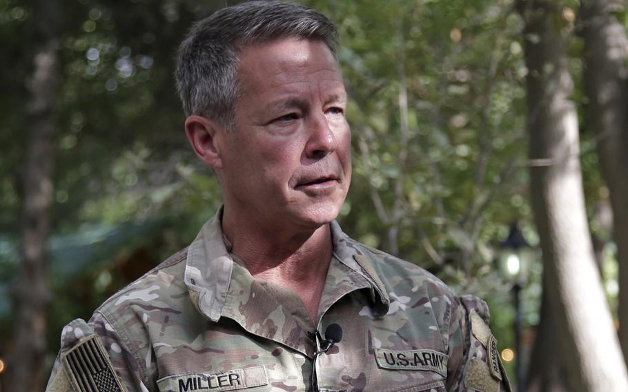 Army Gen. Austin S. Miller, the last general to command U.S. forces during the war in Afghanistan, speaks to journalists in Kabul, Afghanistan, on Tuesday, June 29, 2021. 