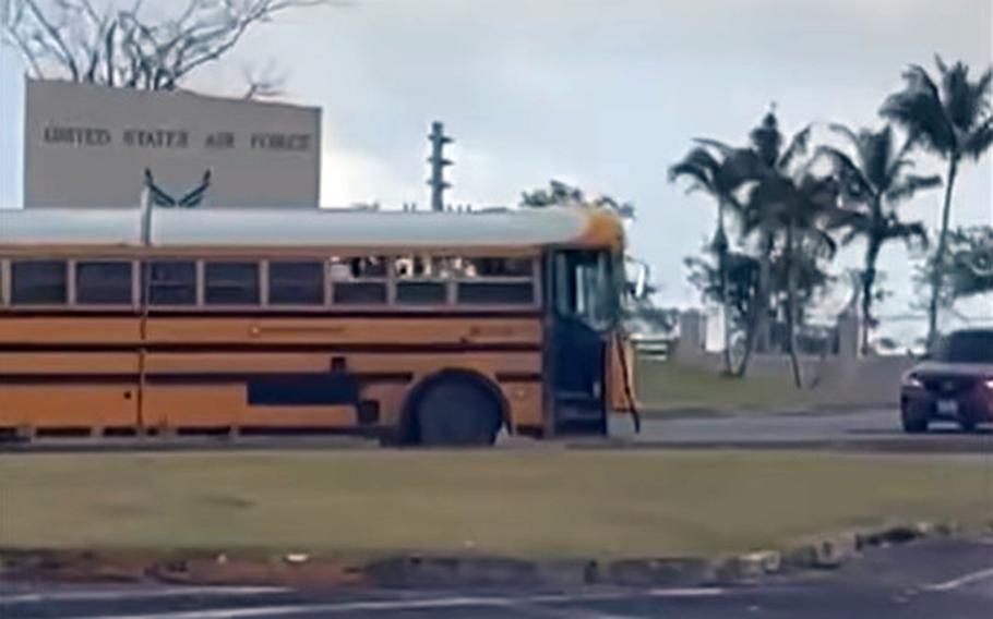 A stolen bus heads toward a gate at Andersen Air Force Base, Guam, in this screenshot of a video posted by the 36th Wing commander.