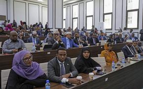 Somalia members of parliament listen to President Hassan Sheikh Mohamud at parliament buildings in Mogadishu, Somalia, Wednesday, Feb 21, 2024. Somalia announced a defense deal with Turkey to deter Ethiopia's access to sea through a breakaway region. 