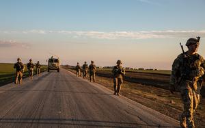 U.S. Army Soldiers, assigned to Bravo Company, 1st Battalion, 118th Infantry Regiment, 37th Infantry Brigade Combat Team, Combined Joint Task Force - Operation Inherent Resolve, during a dismounted patrol, Syria, Feb. 3, 2023. Joint patrols are conducted to share operational knowledge with our partner force to better advise, assist, and enable them in the ongoing efforts to defeat ISIS. (U.S. Army photo by Sgt. Julio Hernandez)
