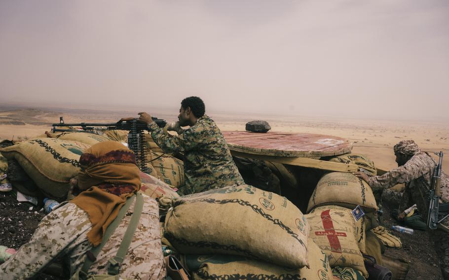 Soldiers exchange fire with Houthi rebels west of Marib on Aug. 15.