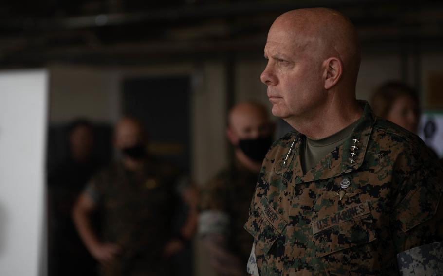 Gen. David Berger, the 38th commandant of the Marine Corps, visits Camp Lejeune, N.C., on May 3, 2021. 