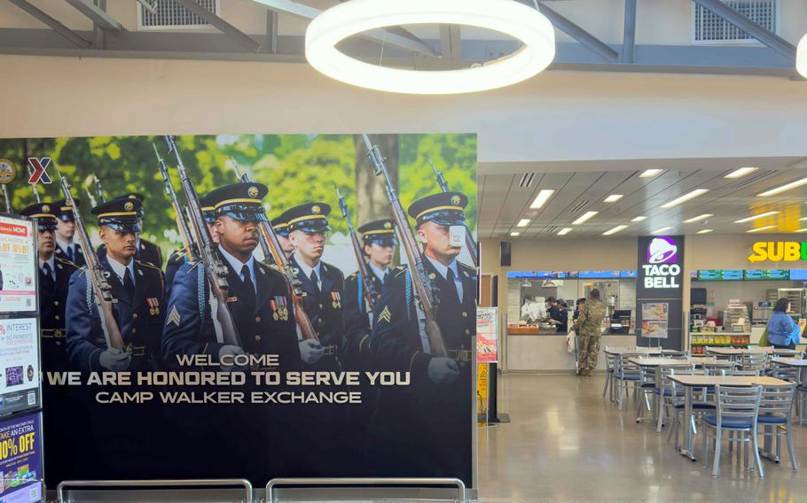 A sign welcomes patrons to the newly renovated food court at Camp Walker.