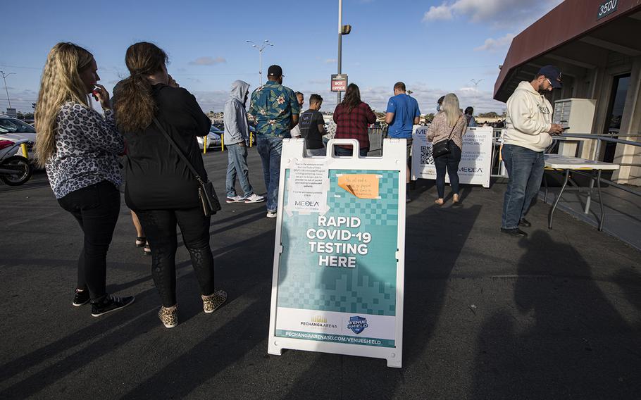Fans line up at the COVID-19 testing site on opening night of the Tomlin UNITED Tour on March 29, 2022, in San Diego, Calif.